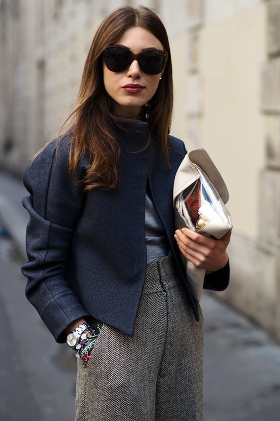 Navy Blazer and Teal Sweater with Grey Tweed Trousers for Classic Workwear Navy Blazer and Teal Sweater with Grey Tweed Trousers for Classic Workwear — Winter Work Outfits