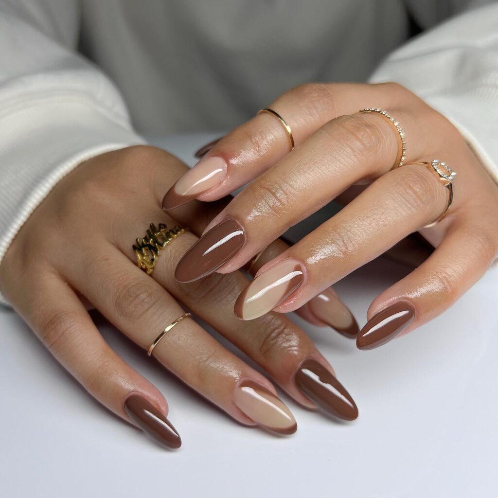 Brown and Beige Color Block Almond Nails — Winter Oval Nails
