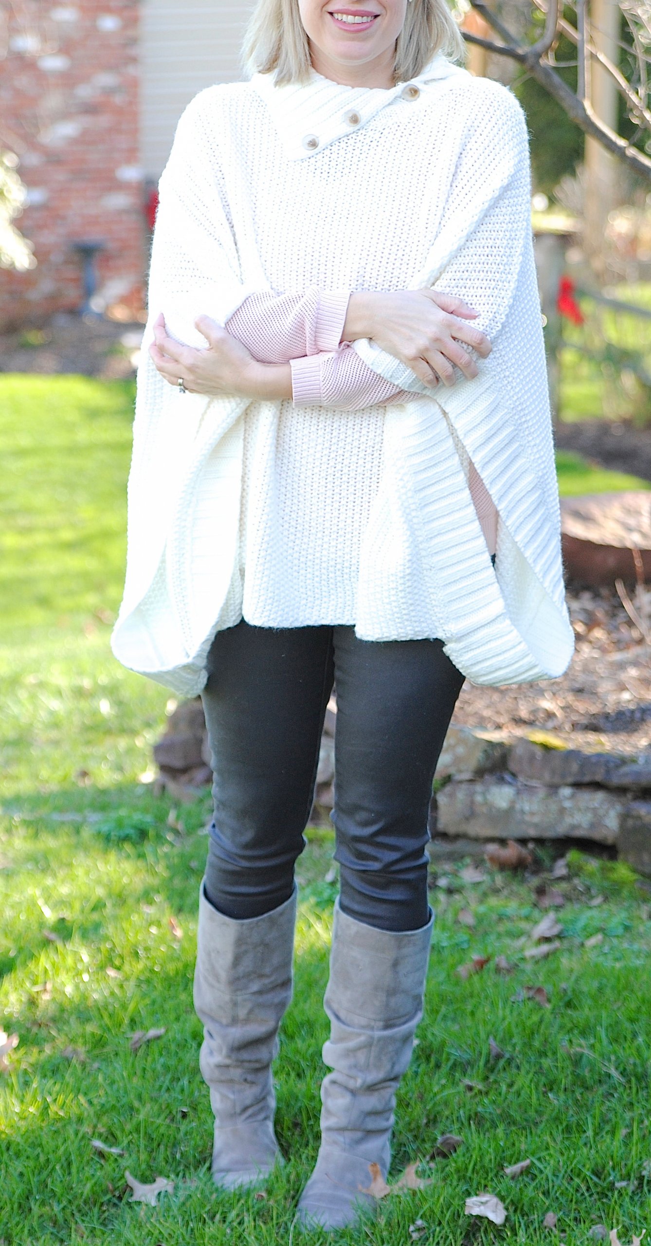 Cream Knit Poncho Layered Over a Pink Sweater Cream Knit Poncho Layered Over a Pink Sweater — Winter Outfits for Moms