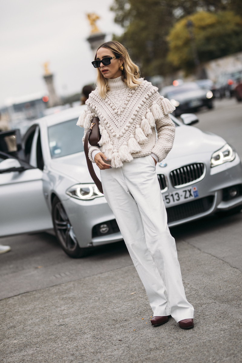 Cream Fringed Knit Sweater with White Pants Cream Fringed Knit Sweater with White Pants — Winter White Outfits