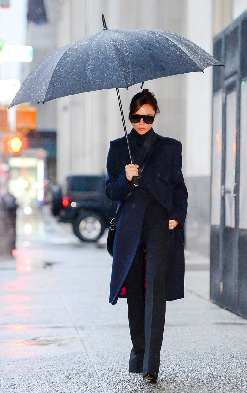 Structured Navy Wool Coat Worn Over All-Black Tailored Separates — Winter Business Casual Outfits