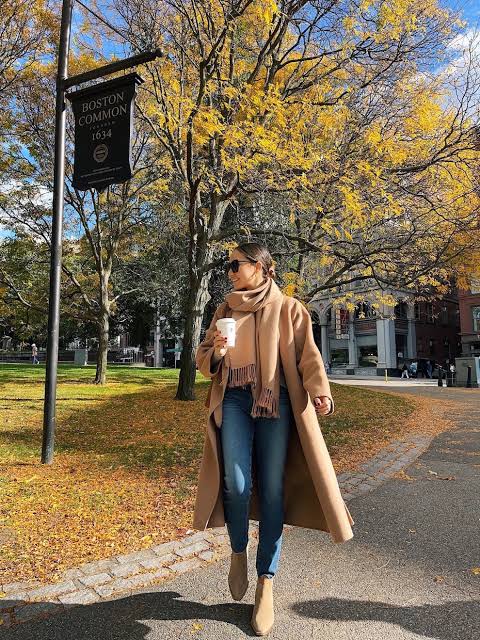 Longline Camel Coat with Scarf and Denim — Camel Coat Outfits