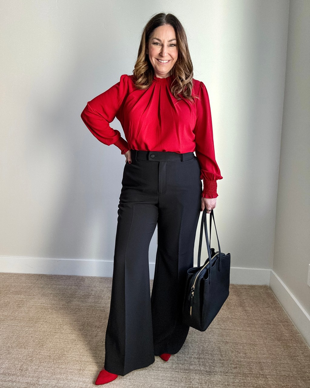 Vibrant Red Blouse and Wide-Leg Trousers for Polished Workwear Vibrant Red Blouse and Wide-Leg Trousers for Polished Workwear — Winter Outfits for Women Over 40