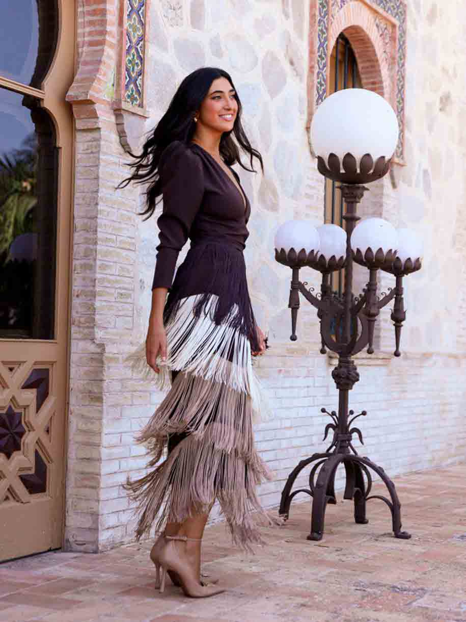 Dark Brown Top with Tiered Fringe Skirt Dark Brown Top with Tiered Fringe Skirt — Winter Wedding Guest Outfits