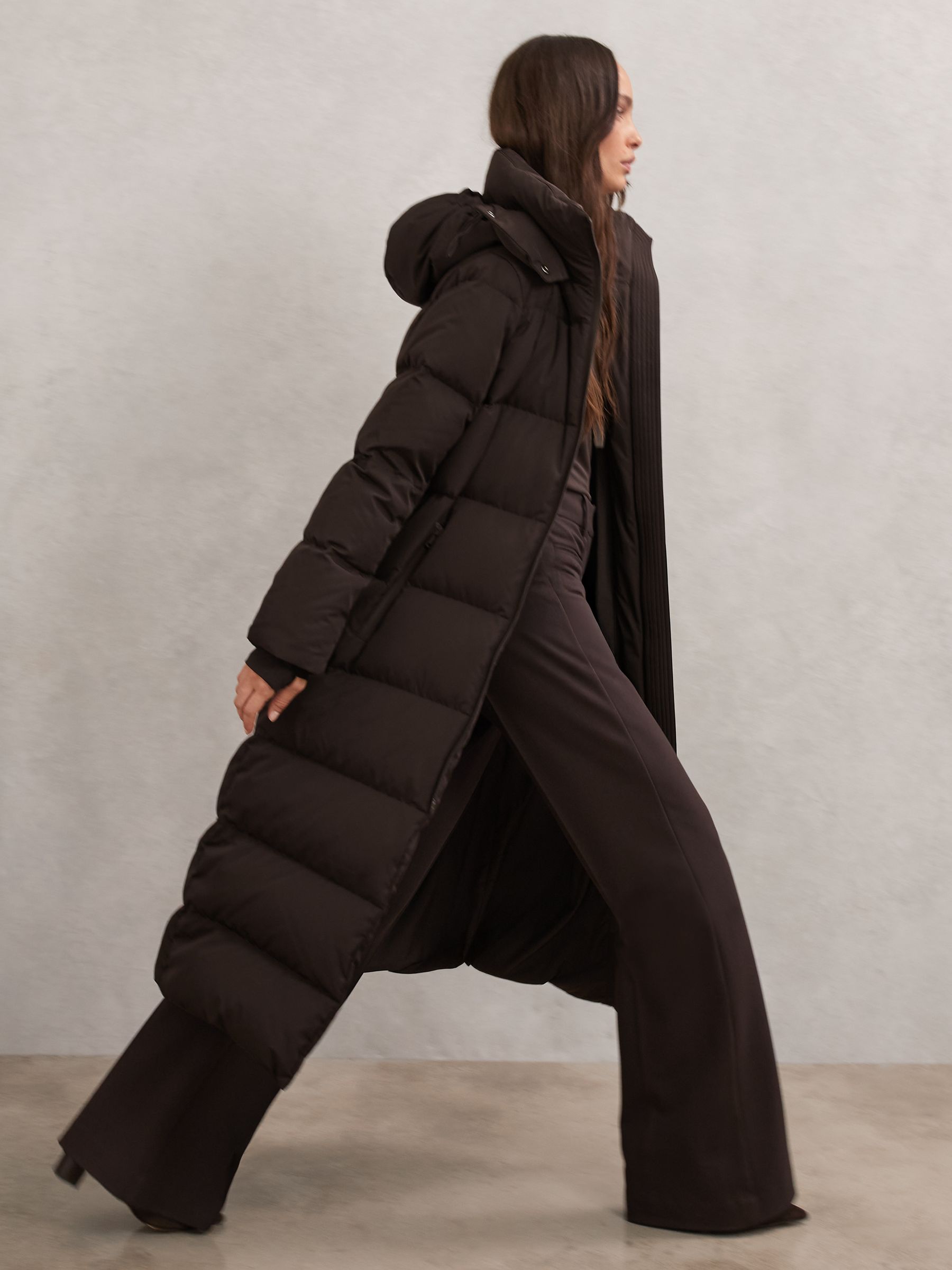 Hooded Dark Brown Puffer with Flared Trousers Hooded Dark Brown Puffer with Flared Trousers — Long Puffer Coat Outfits