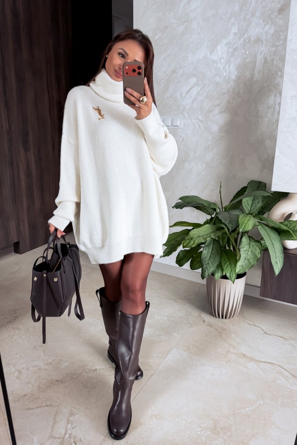 Ivory Turtleneck Sweater Dress with Dark Brown Accessories Ivory Turtleneck Sweater Dress with Dark Brown Accessories — Sweater Dress Outfits