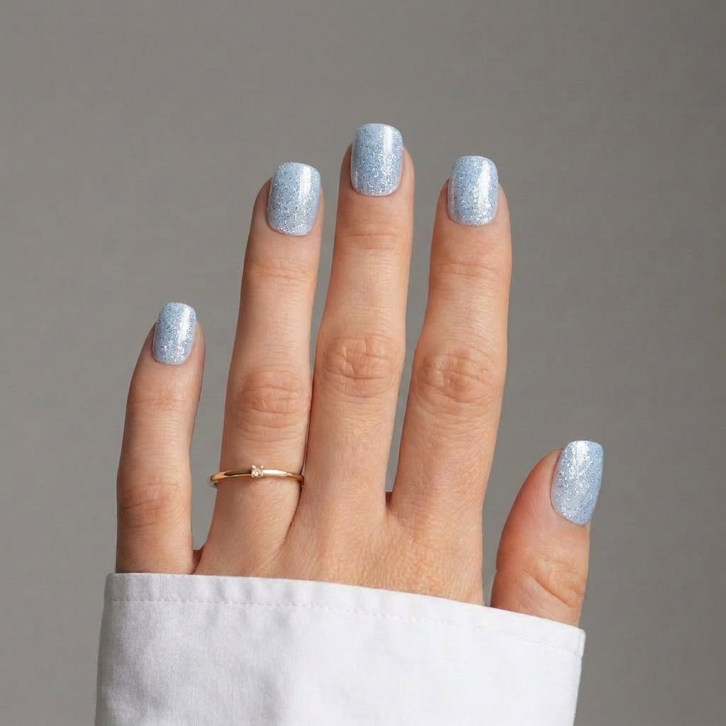 Light Blue Silver Glitter Square Nails — Winter Glitter Nails
