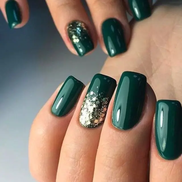 Forest Green with Gold Glitter Accent Forest Green with Gold Glitter Accent — Winter Nail Colors for Women Over 60
