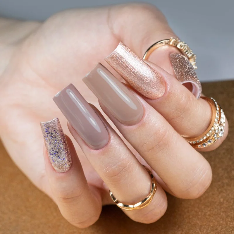 Taupe and Rose Gold Glitter Mix Extra Long Square Taupe and Rose Gold Glitter Mix Extra Long Square — Winter Acrylic Nail Colors