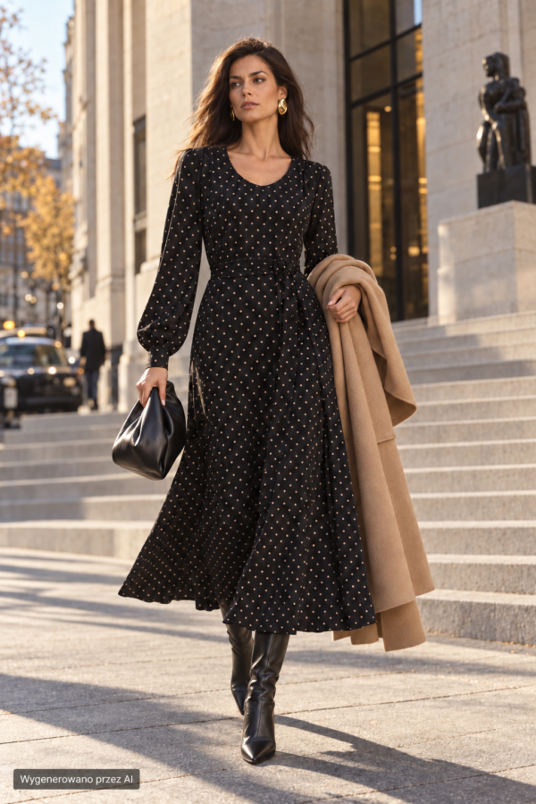 Black Midi Dress with Gold Polka Dots and Balloon Sleeves Black Midi Dress with Gold Polka Dots and Balloon Sleeves — Winter Formal Dresses