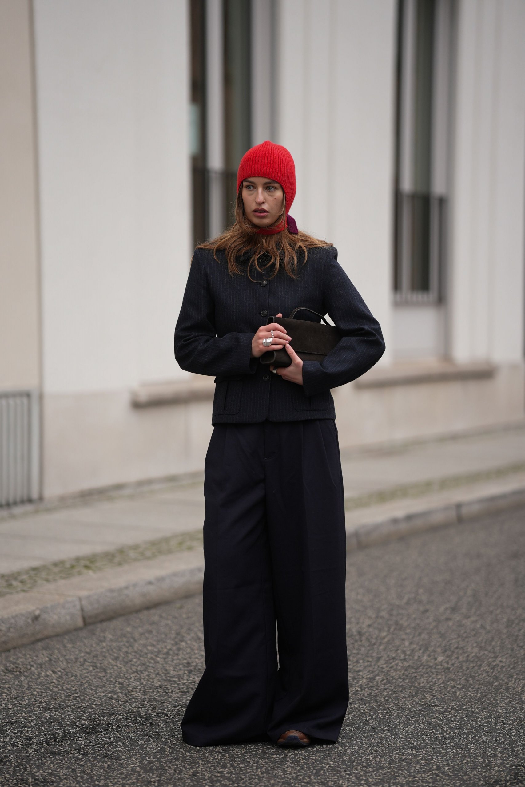 Red Beanie with Pinstripe Blazer and Wide-Leg Trousers Red Beanie with Pinstripe Blazer and Wide-Leg Trousers — Beanie Outfits