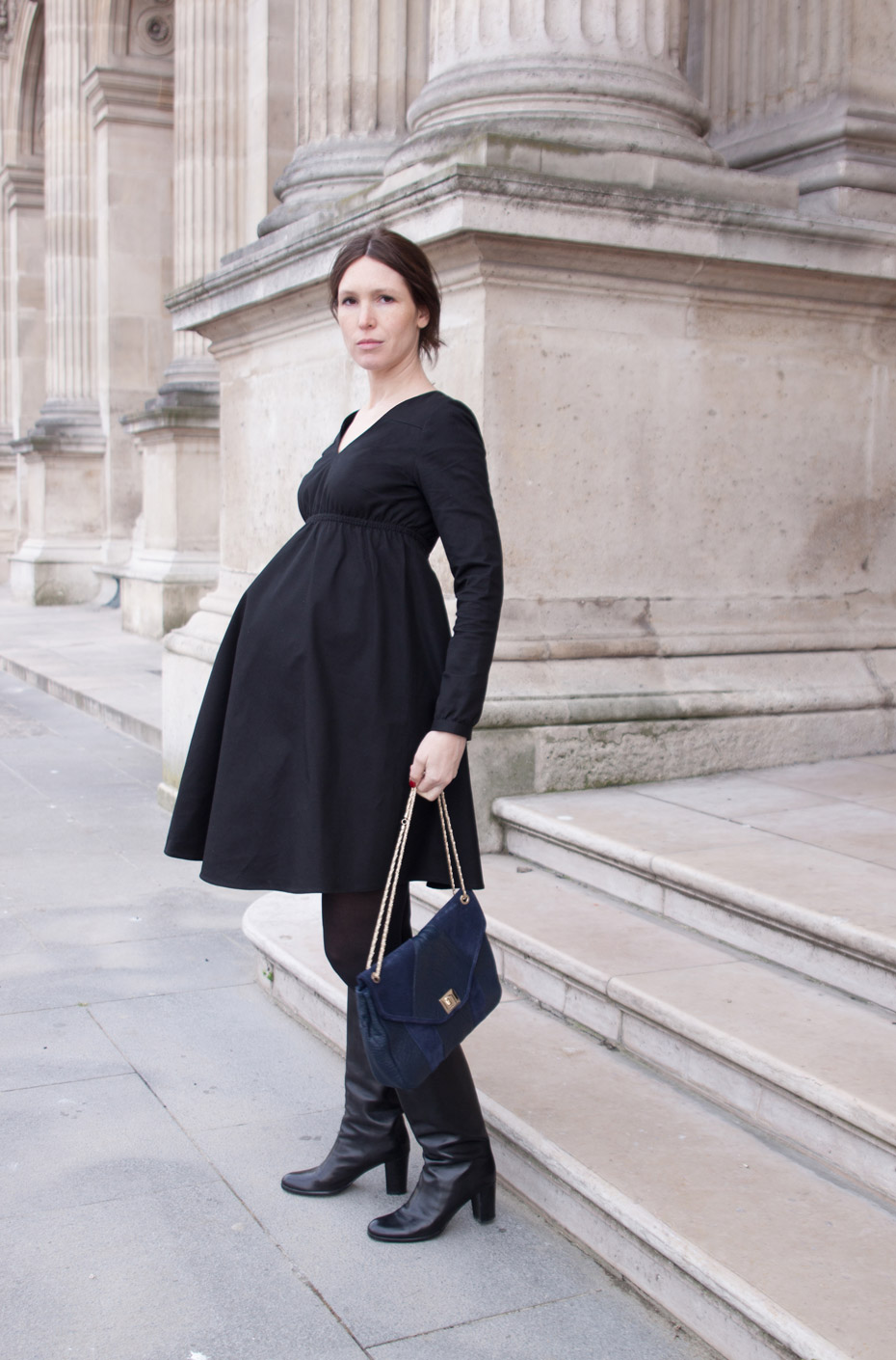 Black Flowing A-Line Maternity Dress with Heeled Boots Black Flowing A-Line Maternity Dress with Heeled Boots — Winter Maternity Outfits
