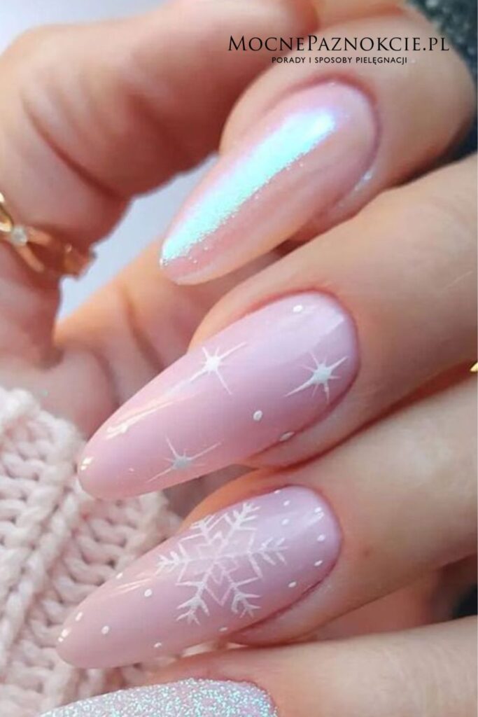 Pale Pink Snowflake Stiletto Nails — Winter Gel Nails