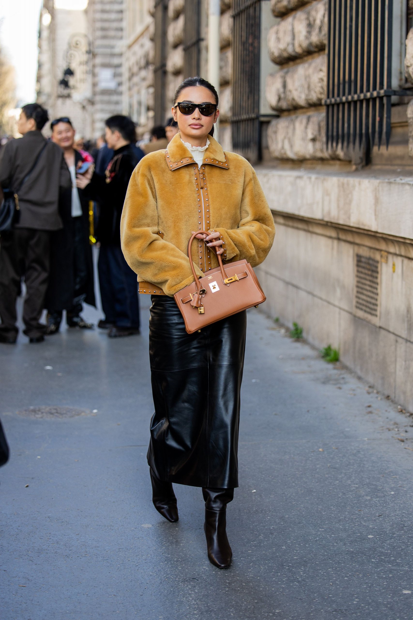 Black Leather Midi Skirt with Statement Yellow Faux Fur Jacket Black Leather Midi Skirt with Statement Yellow Faux Fur Jacket — Leather Skirt Outfits