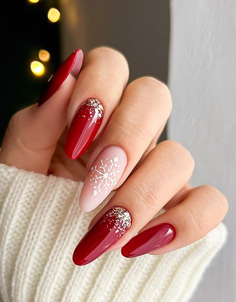 Deep Red with Snowflake and Glitter Accents — Winter Red Nails