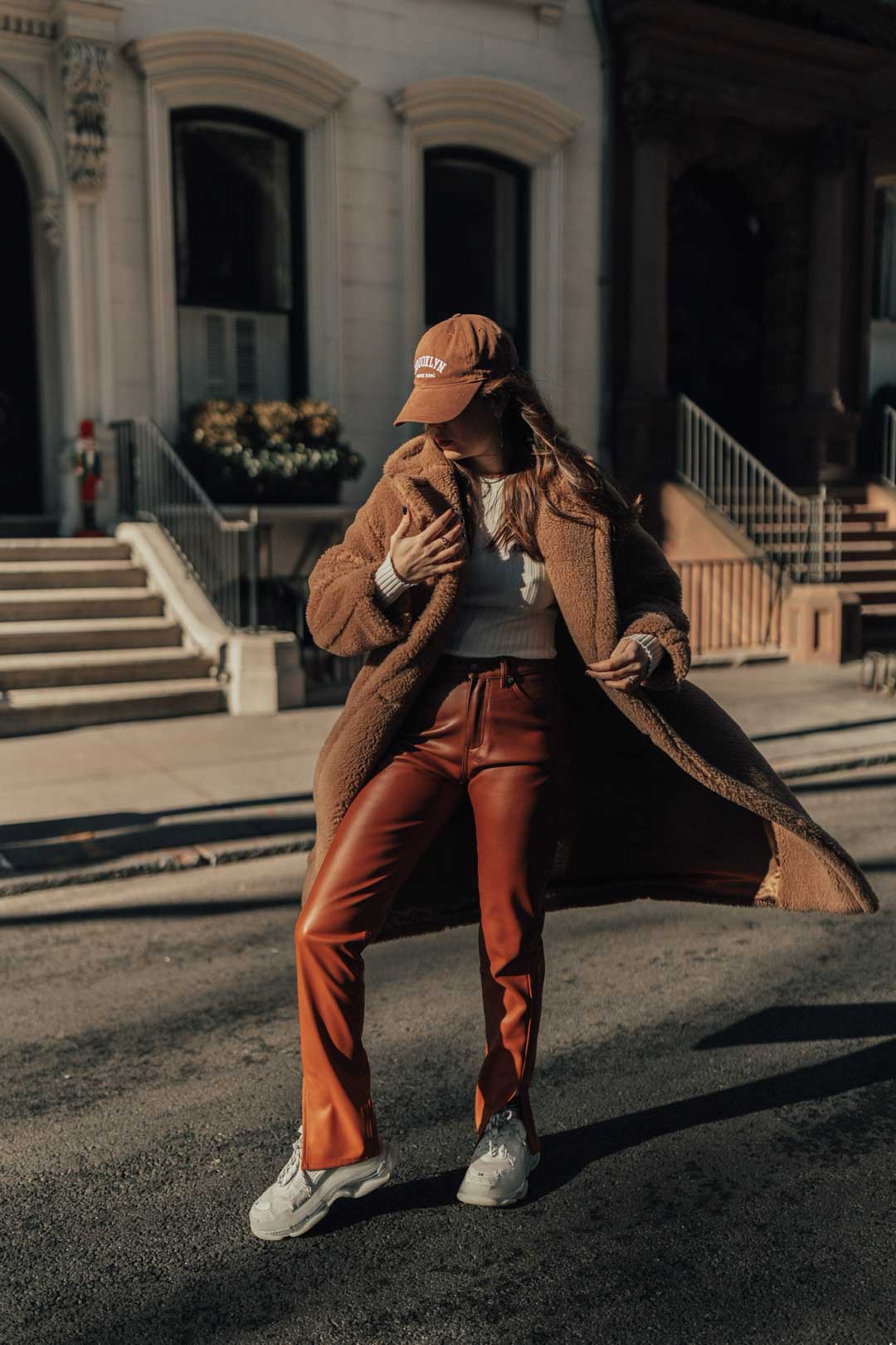 Teddy Coat Over Faux Leather Pants Teddy Coat Over Faux Leather Pants — Colorful Winter Outfits