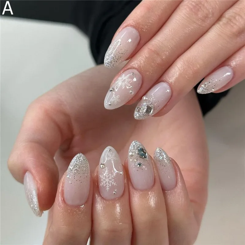 Milky Pink with Snowflake Decals — Medium Length Winter Nails