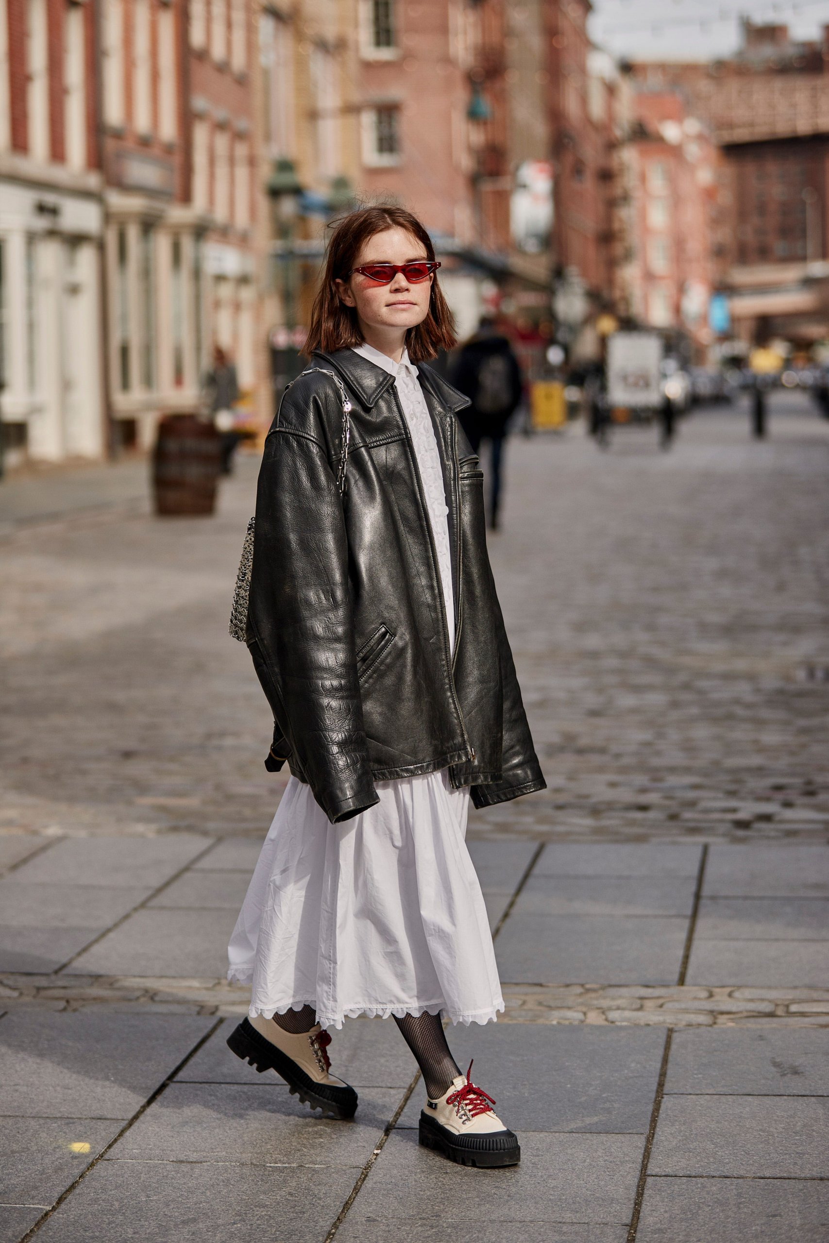 White Tiered Midi Dress with Oversized Black Leather Jacket White Tiered Midi Dress with Oversized Black Leather Jacket — Winter White Outfits