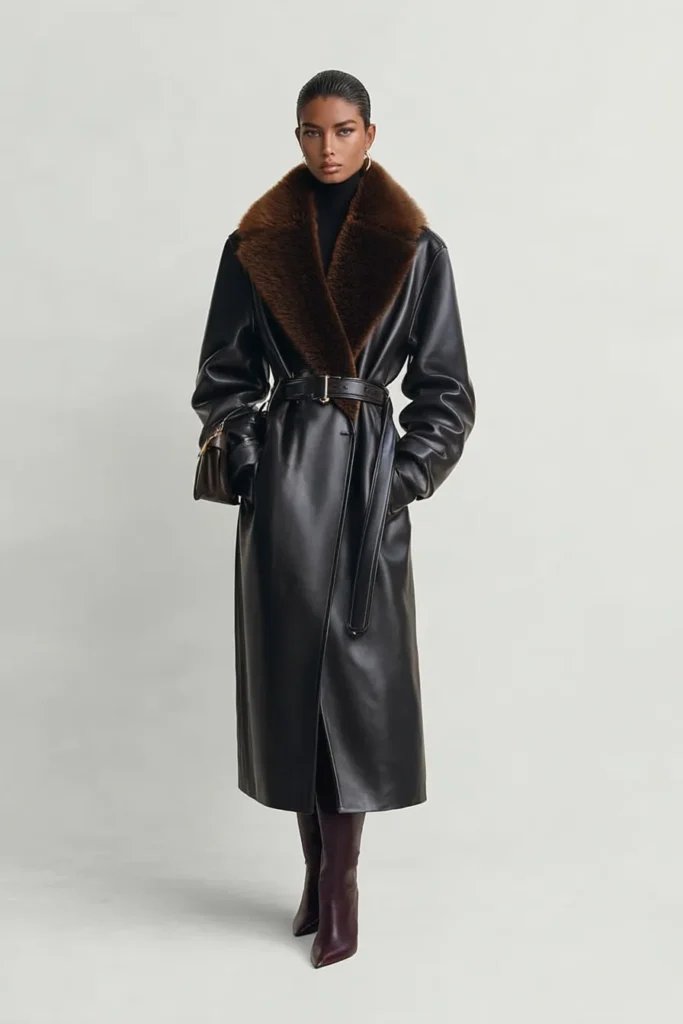 Belted Leather Coat with Faux Fur Collar for Elegant Winter Style Belted Leather Coat with Faux Fur Collar for Elegant Winter Style — Winter Outfits