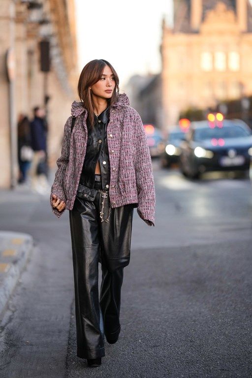 Charcoal Leather Trousers Paired with a Pink Tweed Jacket Charcoal Leather Trousers Paired with a Pink Tweed Jacket — Leather Pants Outfits