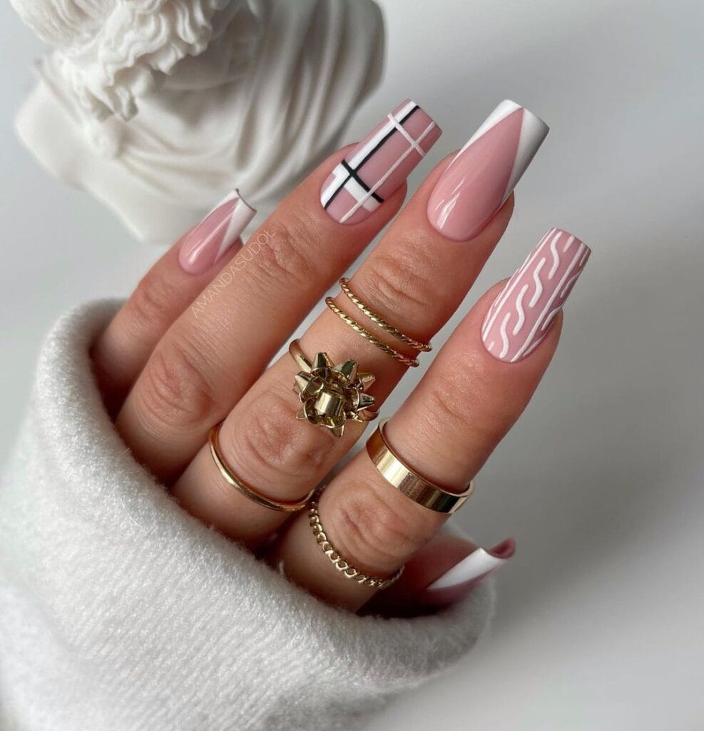 Long Square Pink with Plaid and Cable Knit — Winter Square Nails