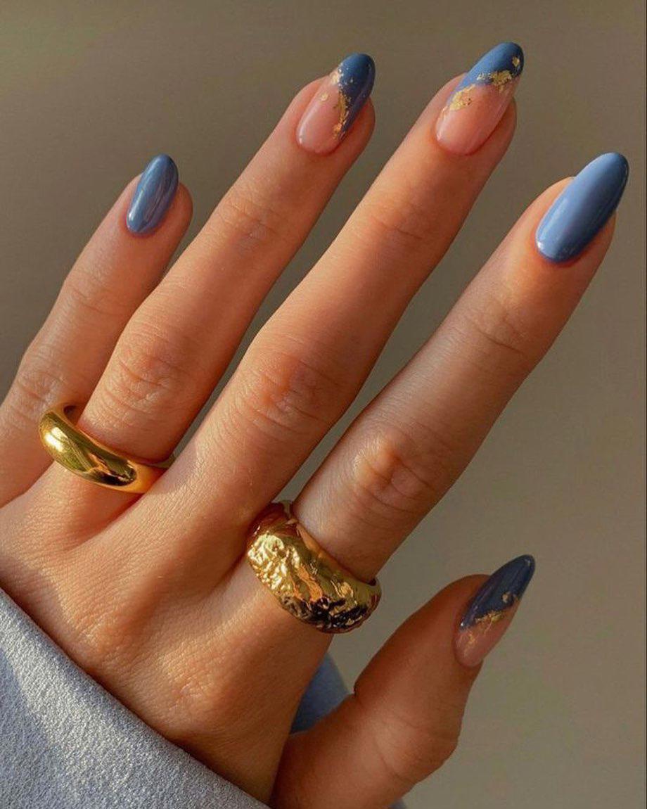 Nude and Blue French with Gold Foil Nude and Blue French with Gold Foil — Winter Nail Art