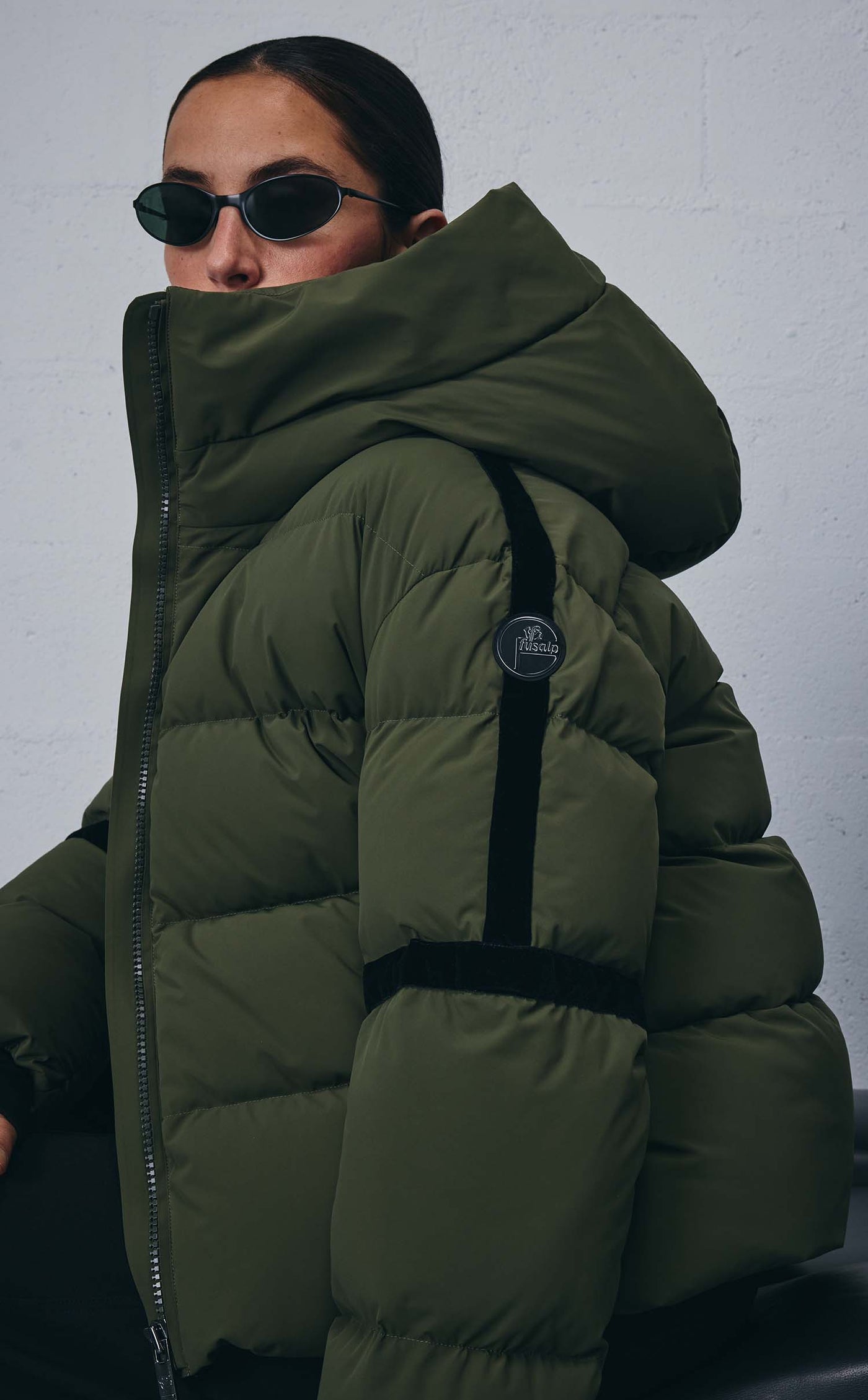 Olive Green Puffer Jacket with Velvet Trim — Winter Puffer Jacket Outfits