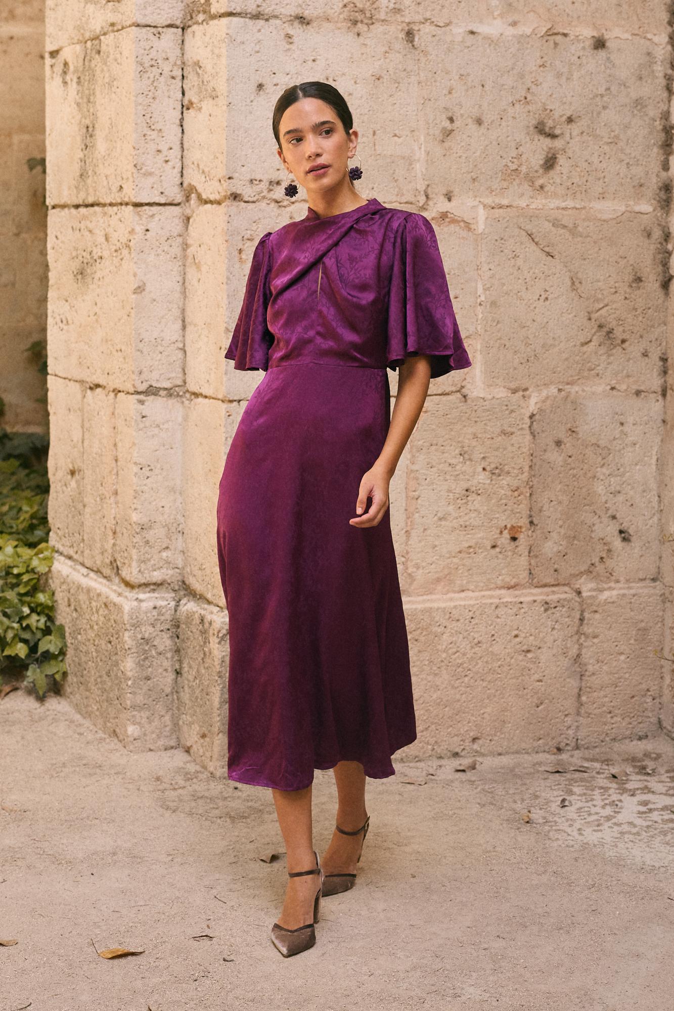 Deep Plum Satin Dress with Flutter Sleeves Deep Plum Satin Dress with Flutter Sleeves — Winter Wedding Guest Outfits