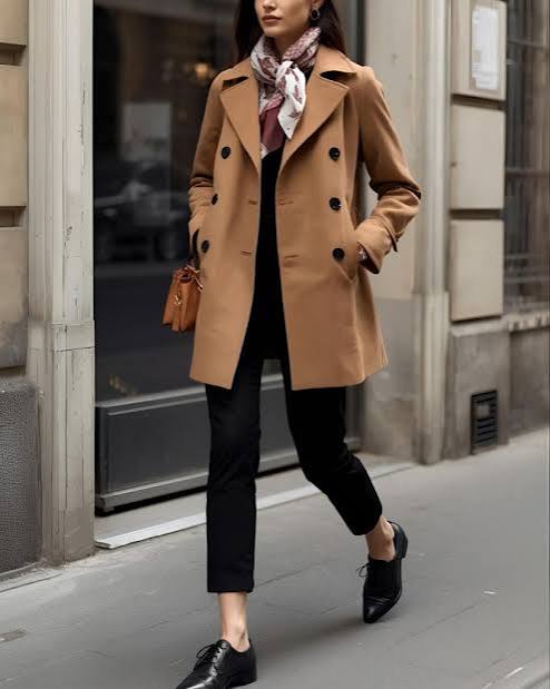 Camel Coat with Printed Scarf and Slim Trousers — Camel Coat Outfits