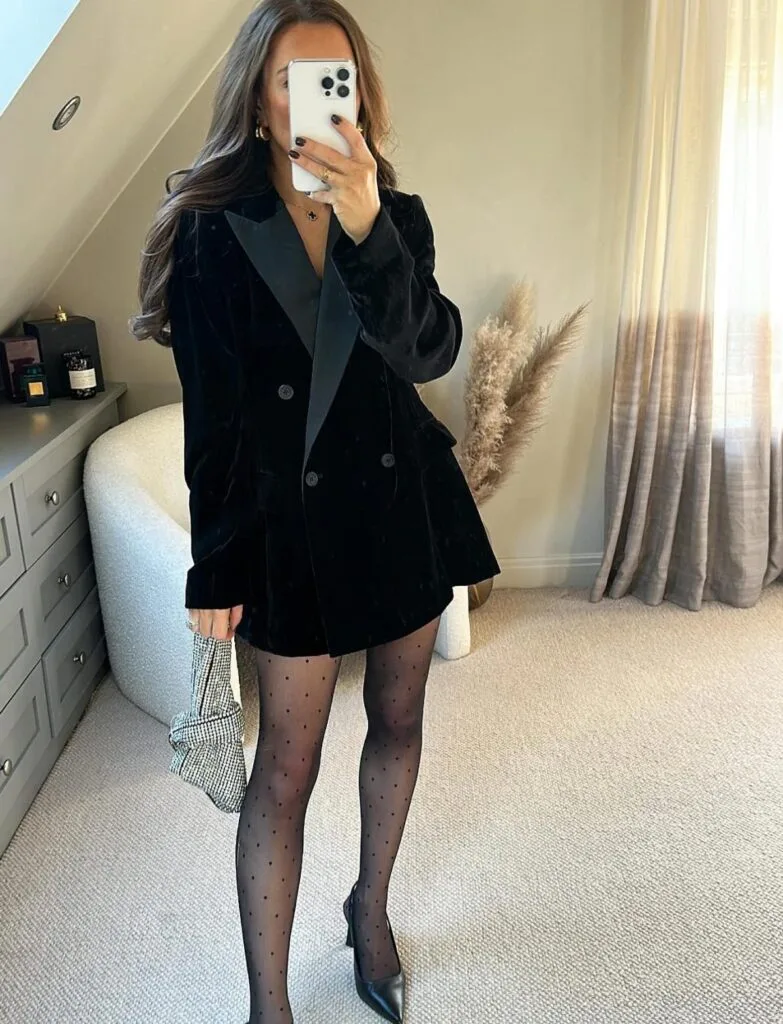 Velvet Tuxedo Dress with Sheer Tights for Glam Rock Velvet Tuxedo Dress with Sheer Tights for Glam Rock — Winter Concert Outfits