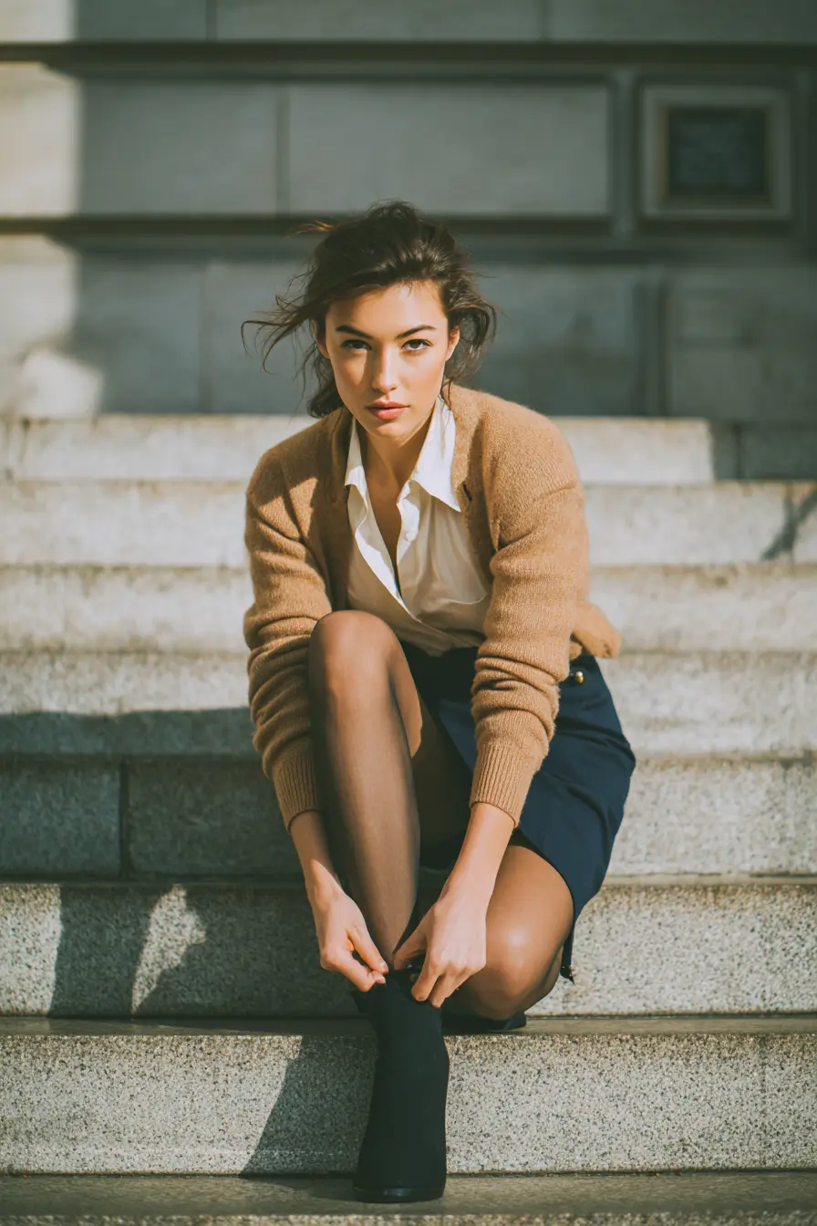 Tan Cardigan Over Collared Shirt and Mini Skirt for Casual Work Tan Cardigan Over Collared Shirt and Mini Skirt for Casual Work — Winter Work Outfits
