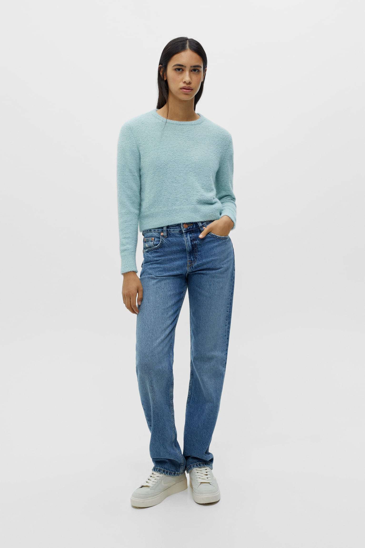 Fuzzy Knit Sweater Over Striped Long-Sleeve for Winter — Winter School Outfits