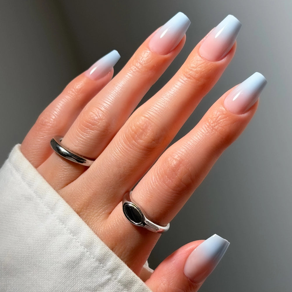 Blue to Pink Ombre Medium Coffin Nails Blue to Pink Ombre Medium Coffin Nails — Winter Coffin Nails
