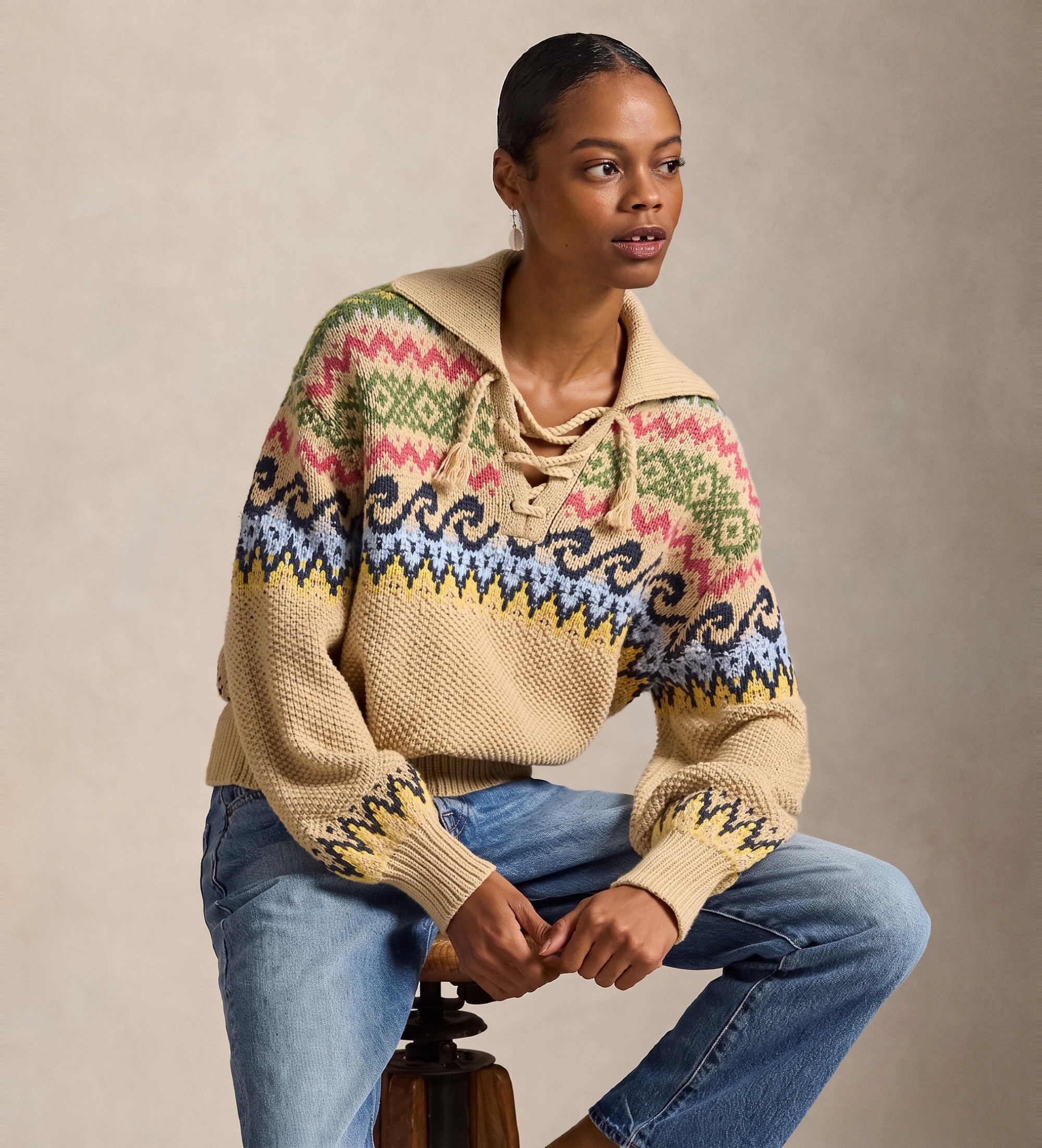 Beige Fair Isle Sweater with Lace-Up Neckline and Denim Jeans Beige Fair Isle Sweater with Lace-Up Neckline and Denim Jeans — Fair Isle Sweater Outfits