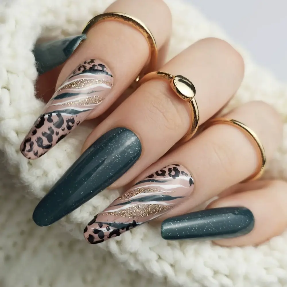 Extra-Long Coffin Teal Animal Print Nails Extra-Long Coffin Teal Animal Print Nails — Winter Nail Colors for Pale Skin