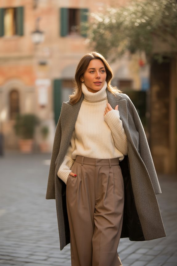 Sophisticated Layers: Grey Wool Coat Over Turtleneck and Trousers Sophisticated Layers: Grey Wool Coat Over Turtleneck and Trousers — Dressy Winter Outfits