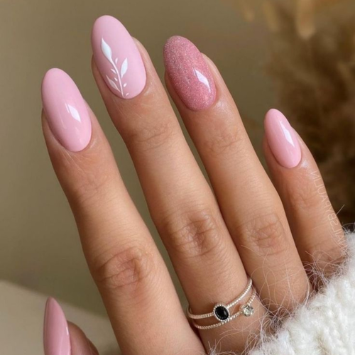 Soft Pink with Delicate Leaf Art — Winter Pink Nails