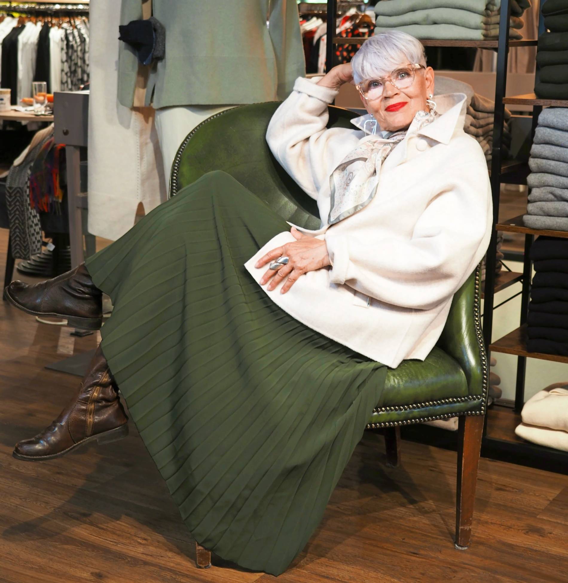 Cream Wool Coat and Olive Green Pleated Skirt Cream Wool Coat and Olive Green Pleated Skirt — Winter Outfits for Women Over 70
