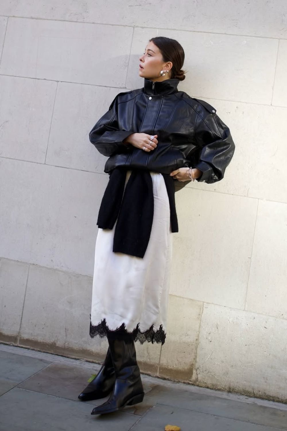 Slip Dress and Leather Jacket with Knee-High Boots Slip Dress and Leather Jacket with Knee-High Boots — Black Boots Outfits