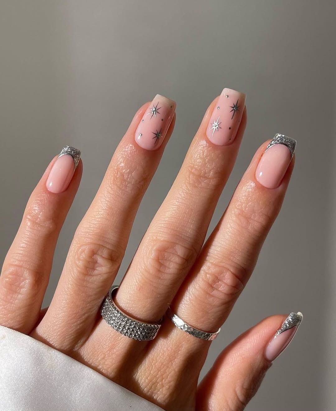 One Hand Sheer Pink Squovals with Glitter French Tips One Hand Sheer Pink Squovals with Glitter French Tips — Winter Squoval Nails