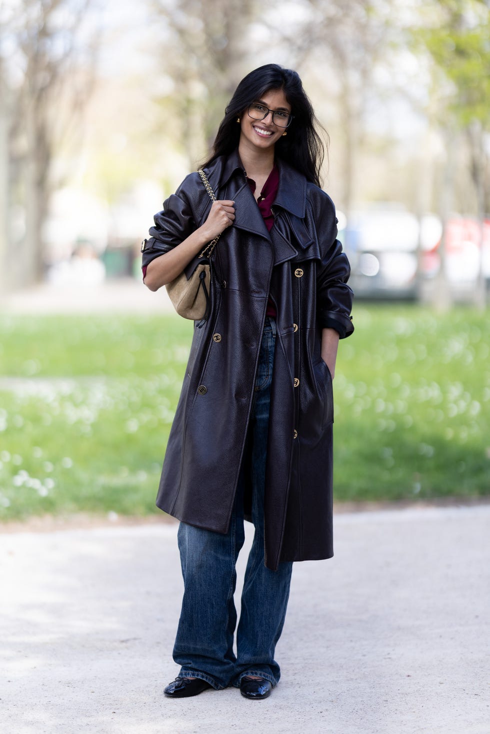 Dark Brown Leather Trench Coat with Burgundy and Denim — Long Coat Outfits
