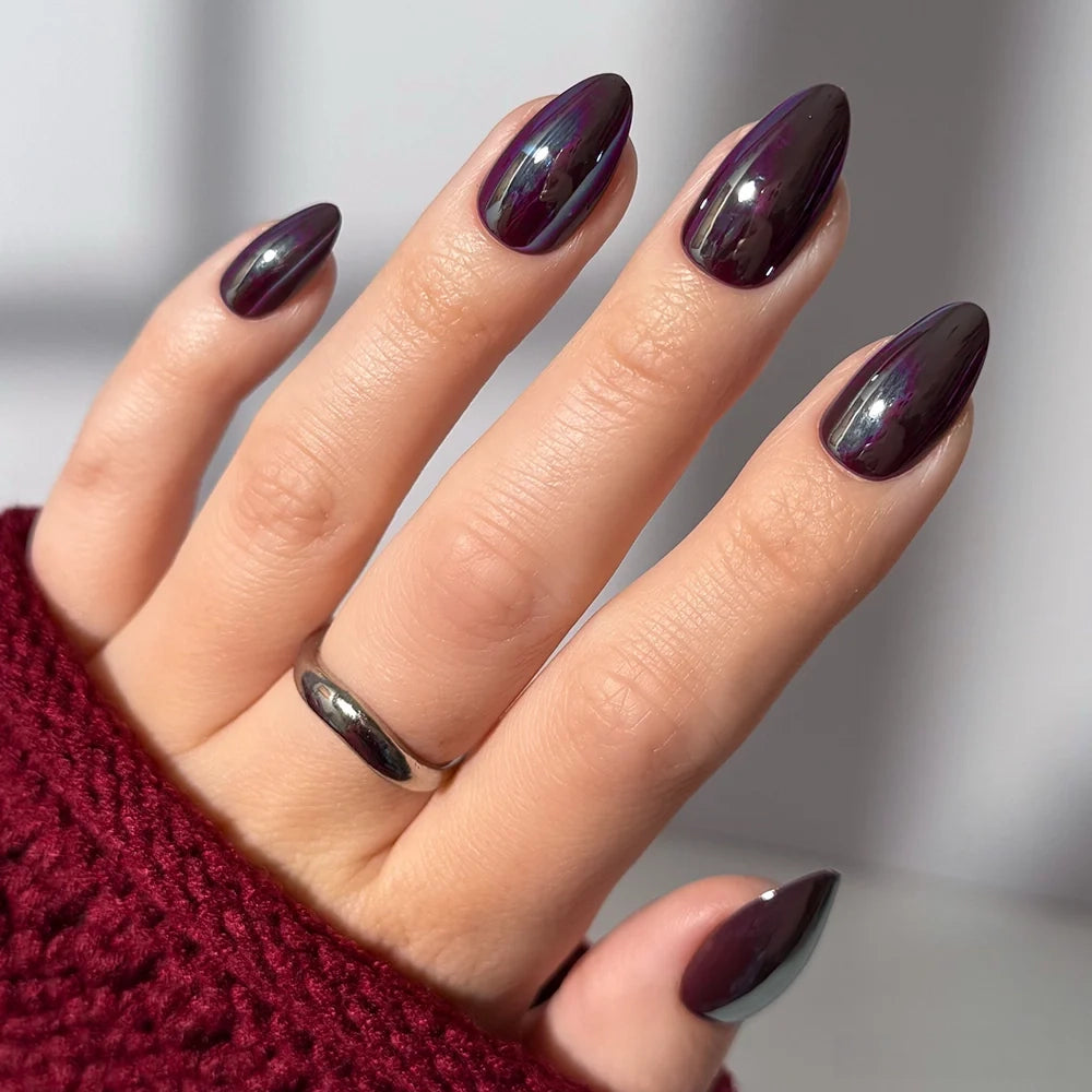 Deep Plum Chrome Stilettos — Winter Chrome Nails