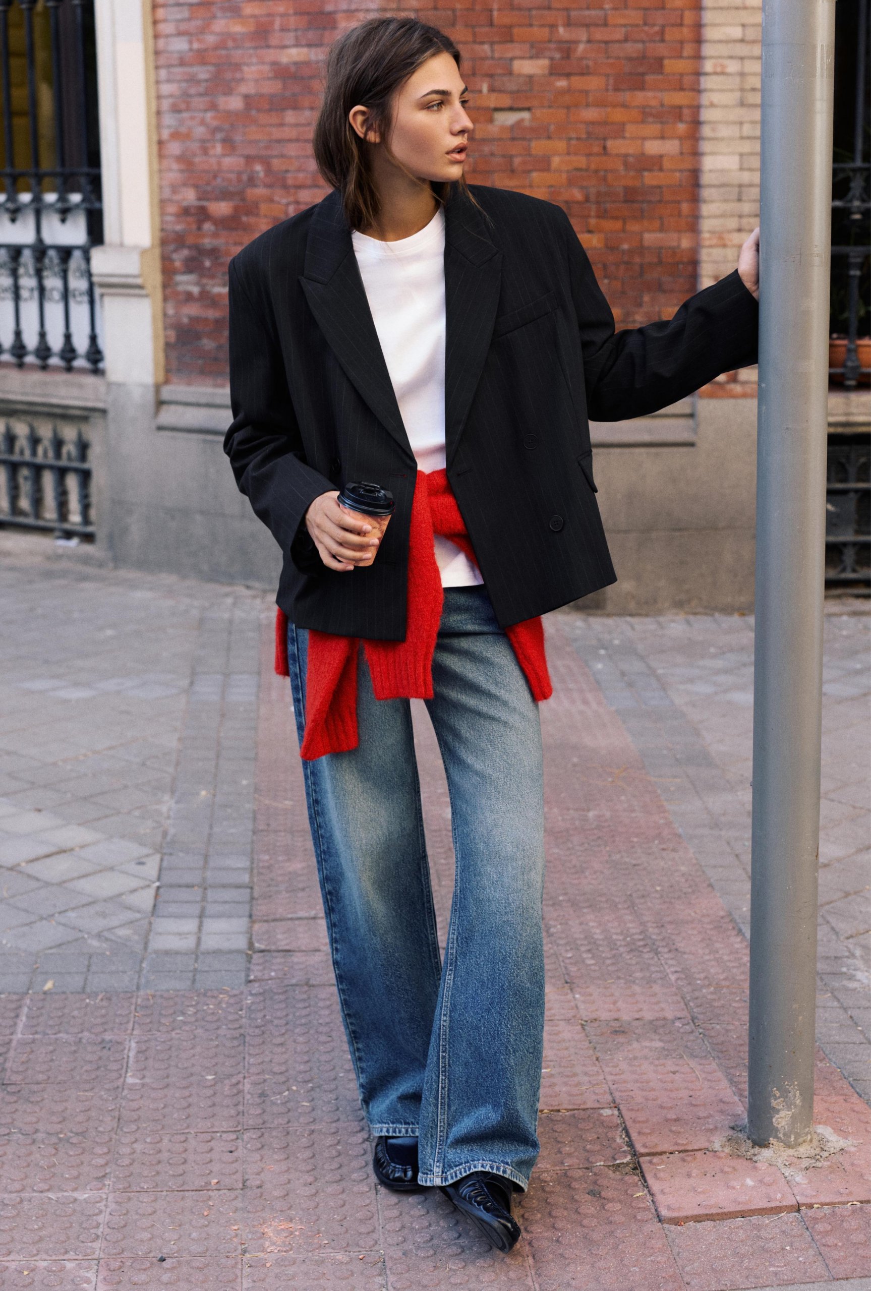 Black Pinstripe Blazer and Red Waist Sweater Black Pinstripe Blazer and Red Waist Sweater — Winter Outfits for Petite Women