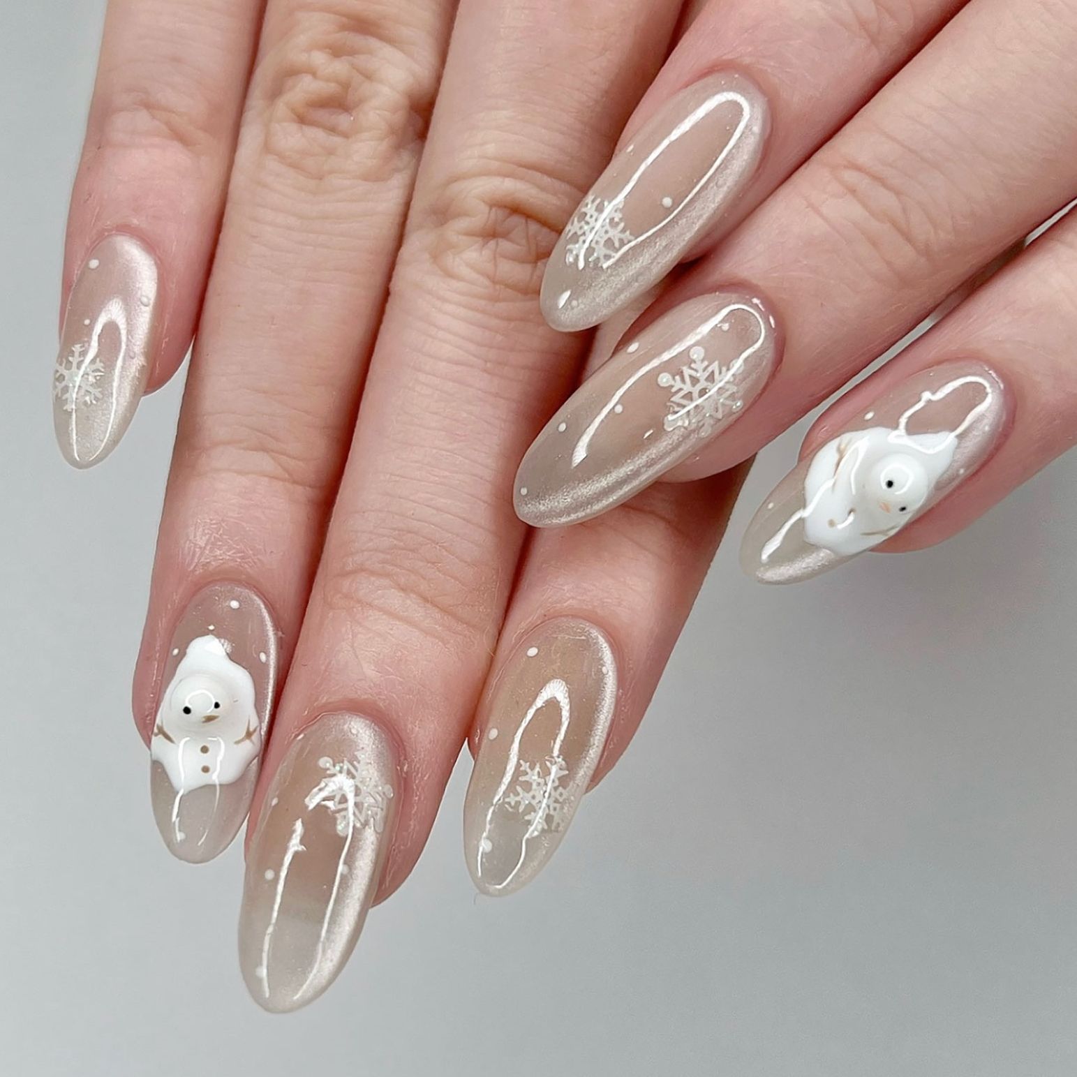 Nude with 3D Snowmen and Snowflakes Nude with 3D Snowmen and Snowflakes — Winter Nail Art