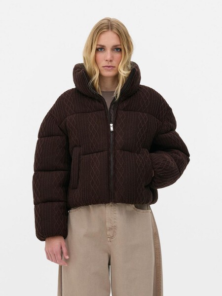 Textured Knit Puffer Jacket with Beige Trousers — Winter Puffer Jacket Outfits