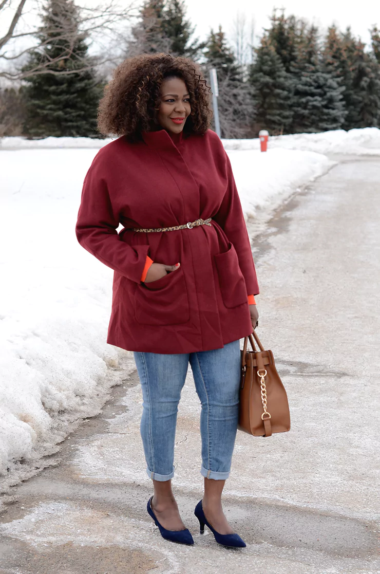 Burgundy Coat with Orange Top and Light Blue Jeans Burgundy Coat with Orange Top and Light Blue Jeans — Winter Outfits for Plus Size Women