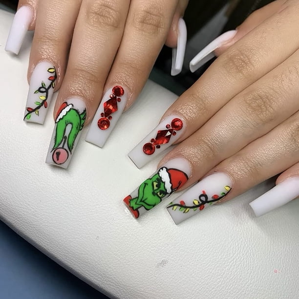 Matte Grinch Nails with Rhinestone Sparkle Matte Grinch Nails with Rhinestone Sparkle — Winter Coffin Nails