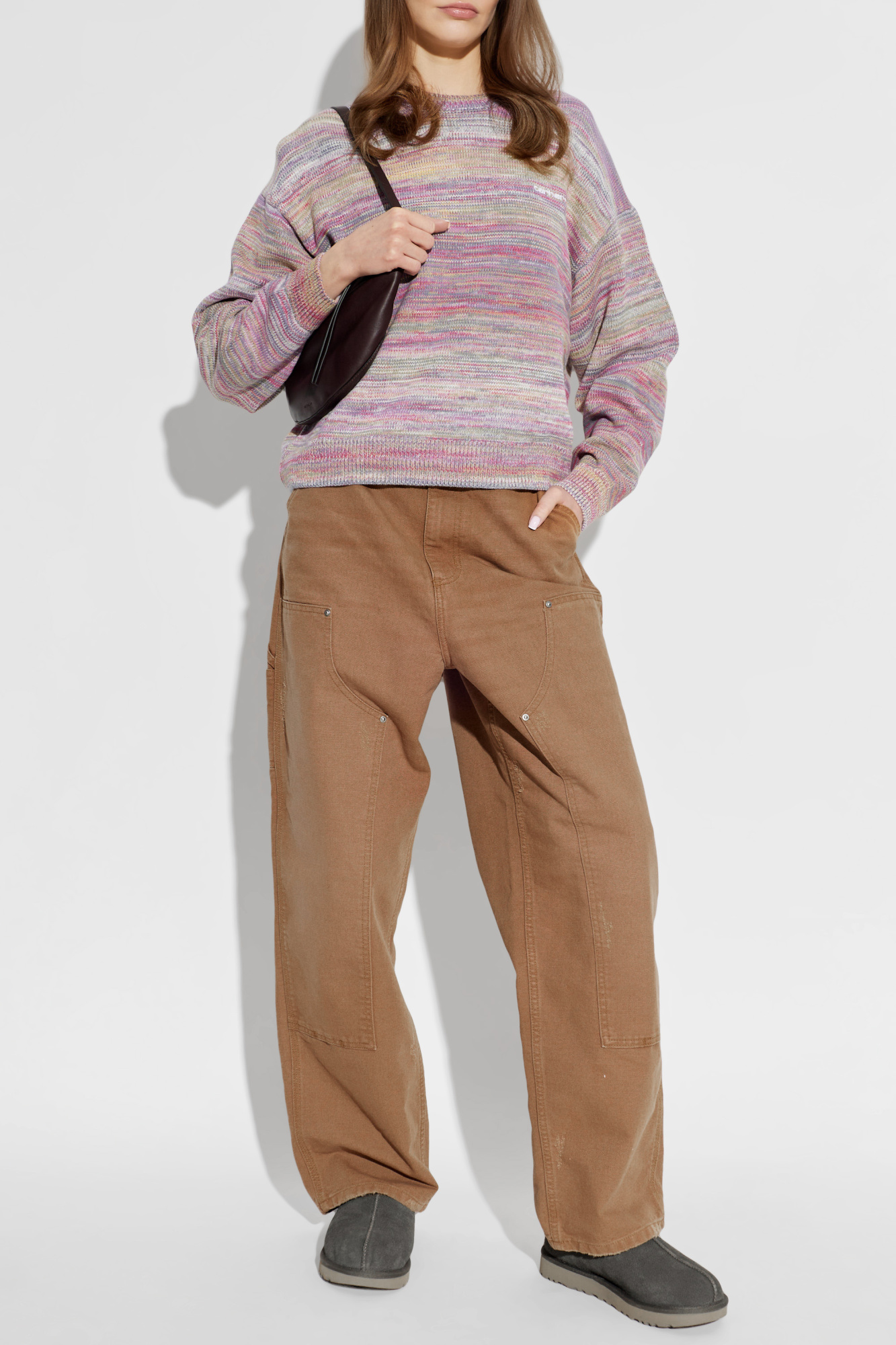 Relaxed Vibes: Grey Ugg Slippers with Wide-Leg Pants and Striped Sweater Relaxed Vibes: Grey Ugg Slippers with Wide-Leg Pants and Striped Sweater — Ugg Slippers Outfits