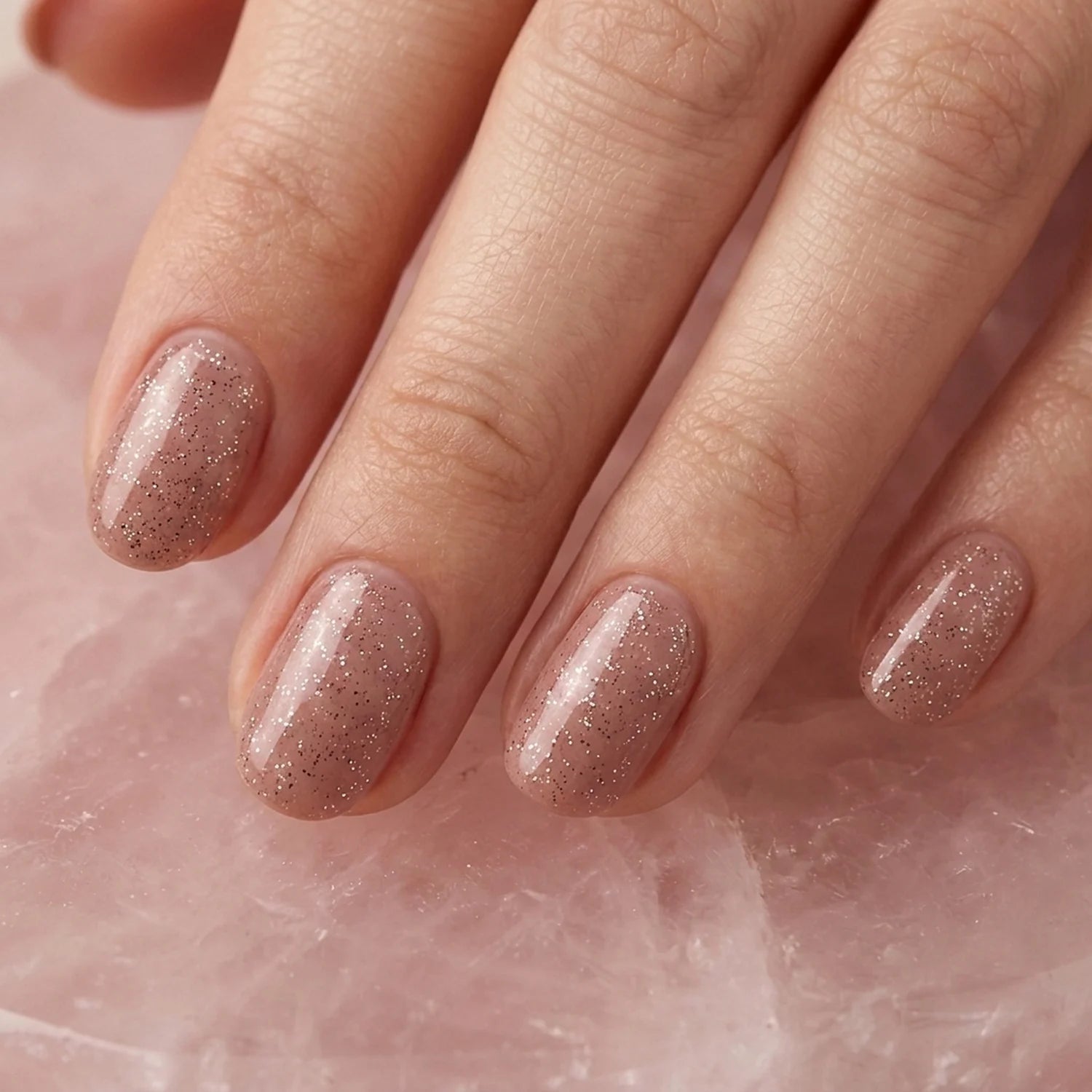 Glossy With Glitter Visual Idea — Winter Nude Nails