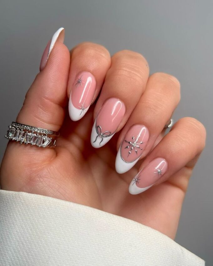 Sheer Pink French Nails with Silver Accents — Winter Wonderland Nails